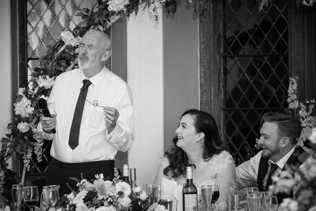 Aimee's Dad giving his Father of the Bride speech during the wedding reception at Clearwell Castle in Autumn 2021. Photo thanks to Mark Lord Photography.