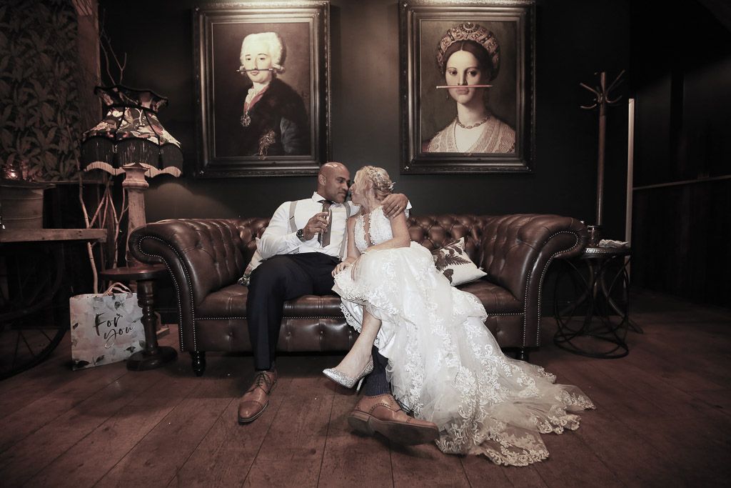 Bride and groom evening wedding photography in the bar area - Photography by Wrapp Weddings - Videography by Veiled Productions - The Barns at Redcoats wedding videographer