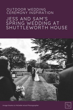 Outdoor wedding ceremony inspiration - Jess walking down the aisle with her Grandad towards The Summer House - Jess and Sam wedding at Shuttleworth House. Photo thanks to Michelle Wood Photographer. Shuttleworth House wedding videographer Veiled Productions.