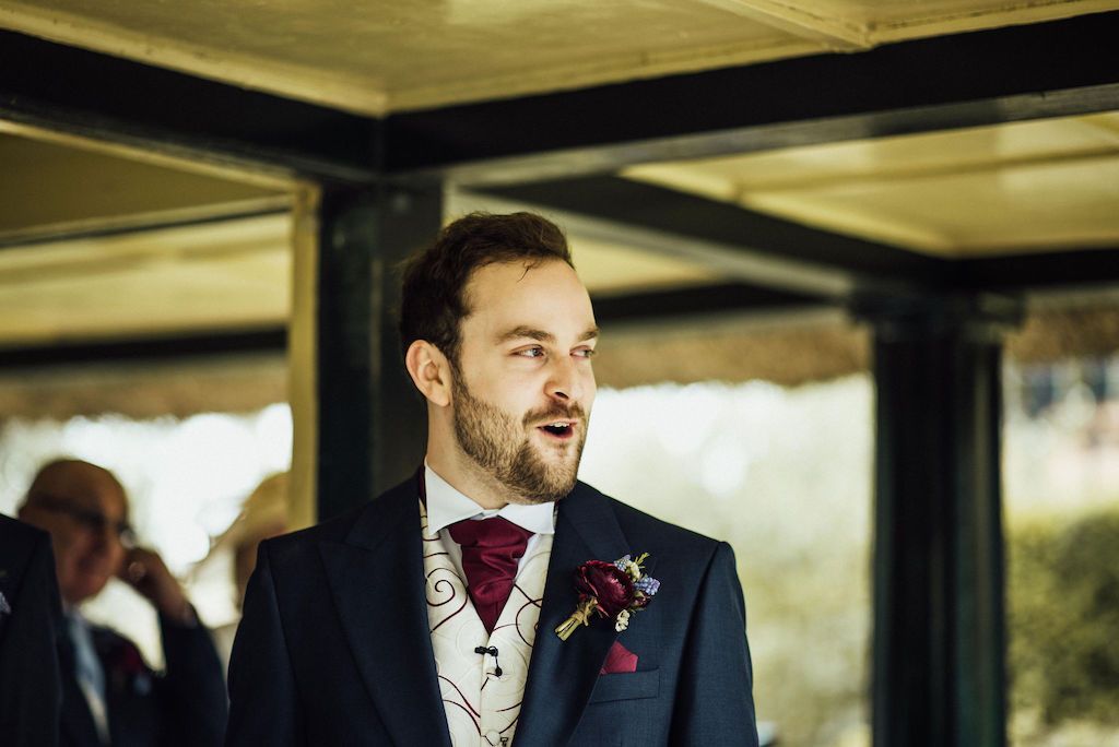 Sam's reaction to seeing Jess in her wedding dress as she walked down the aisle towards The Summer House at Shuttleworth House. Photo courtesy of Michelle Wood Photographer