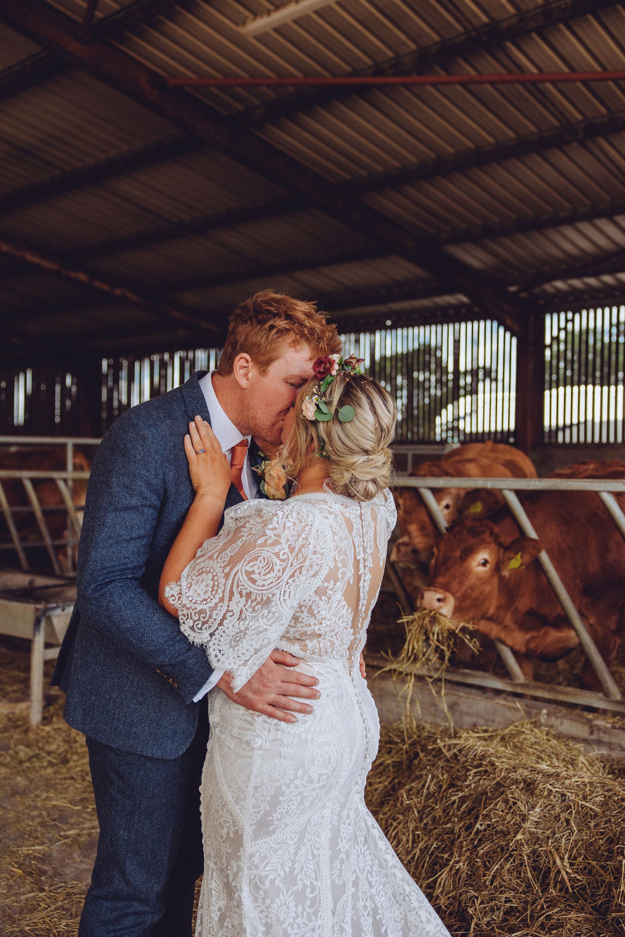 Nor and Dan steal a kiss in the barns as the cows eat hay and watch in amusement! Photo thanks to Fordtography. 