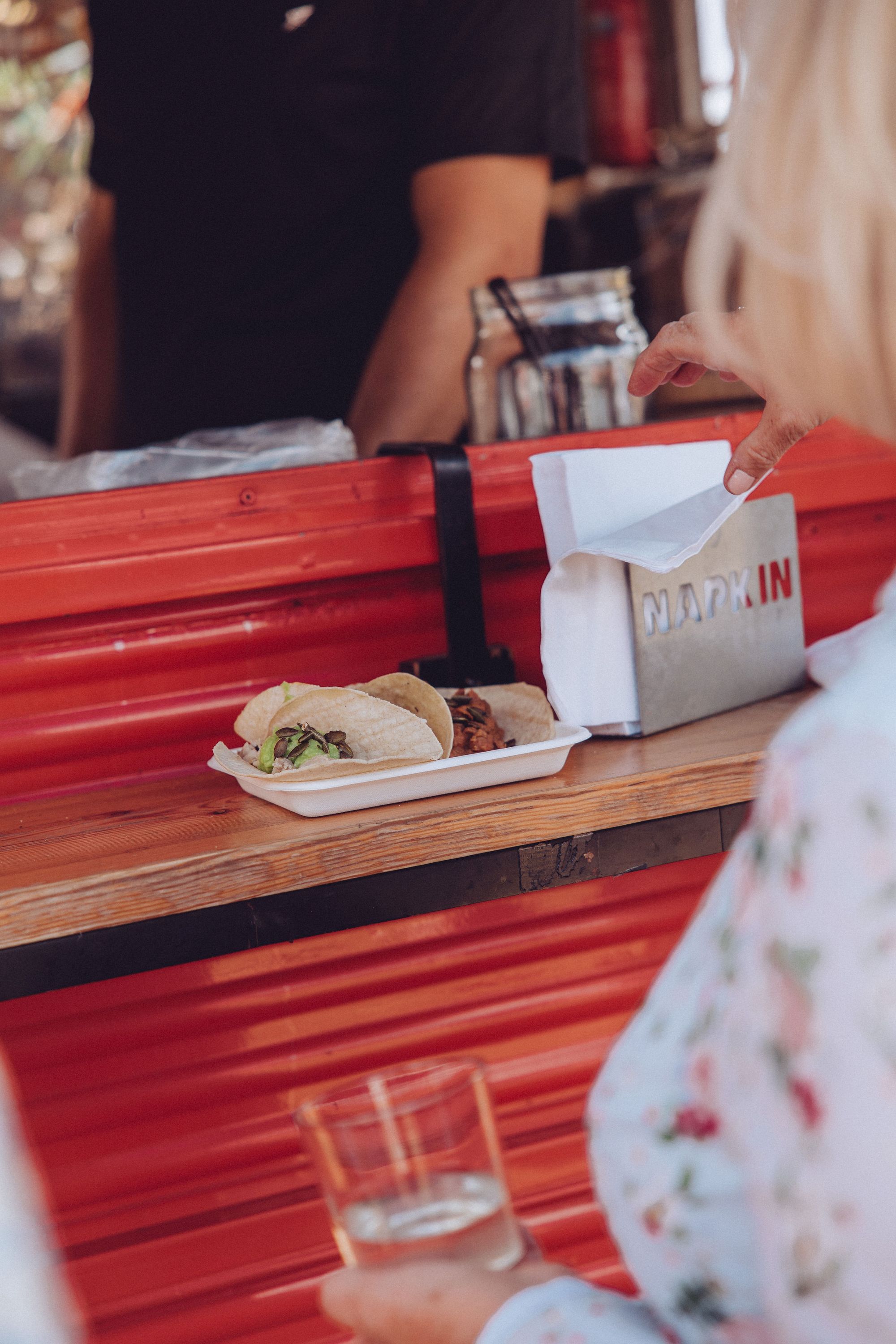 A close up photo of the tacos during Nor and Dan's festival style wedding reception. Photo thanks to Fordtography.