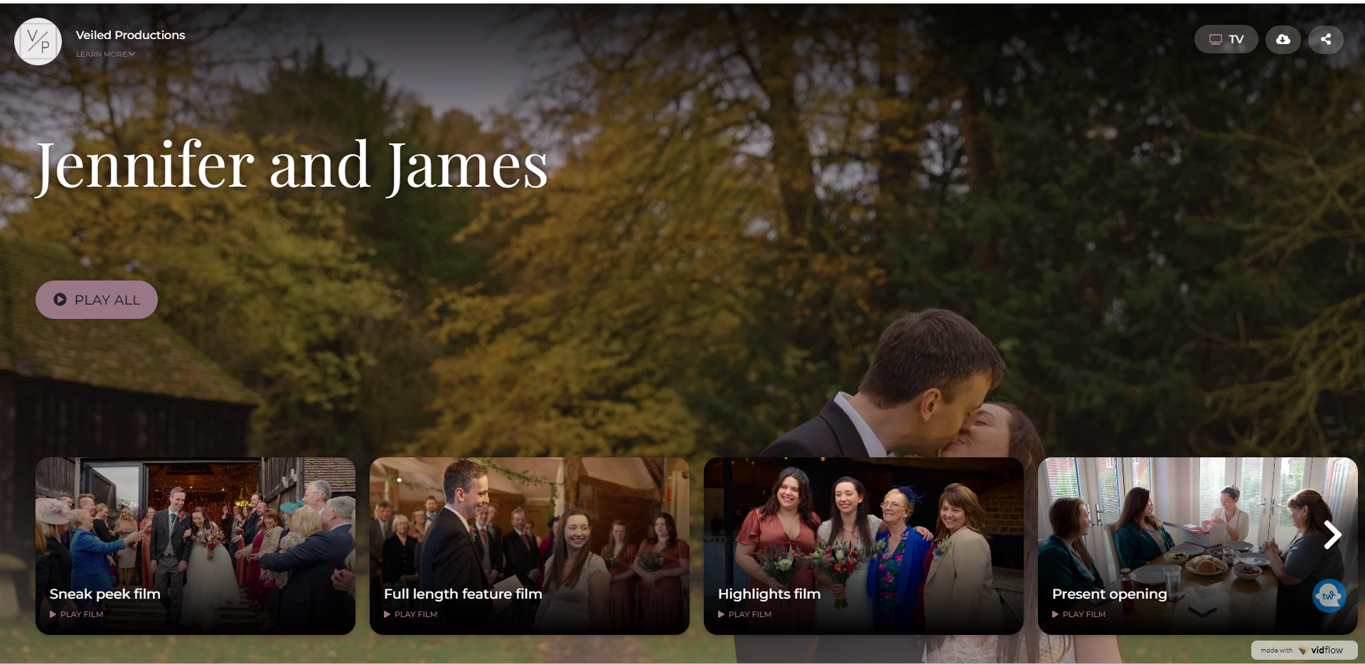 A screenshot of an example gallery from VidFlow - titled Jennifer and James with a play all button plus a thumbnail of 'sneak peek film', 'full length feature film' 'highlights film' and 'present opening' film. 