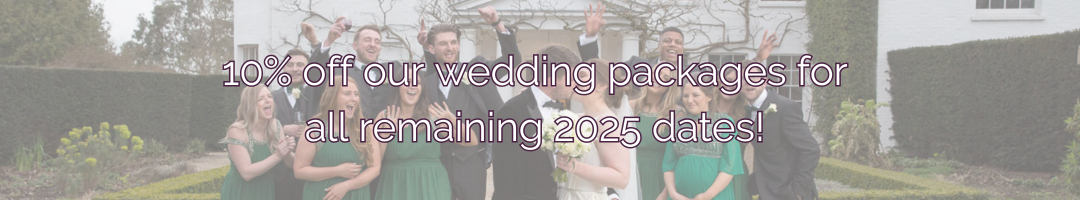 10% off our wedding packages for all remaining 2025 dates! Photo of couple kissing with their wedding party cheering in the background.
